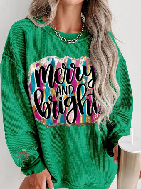 Christmas Merry and Bright Brush Strokes Women's  Casual Print Corduroy Sweatshirt