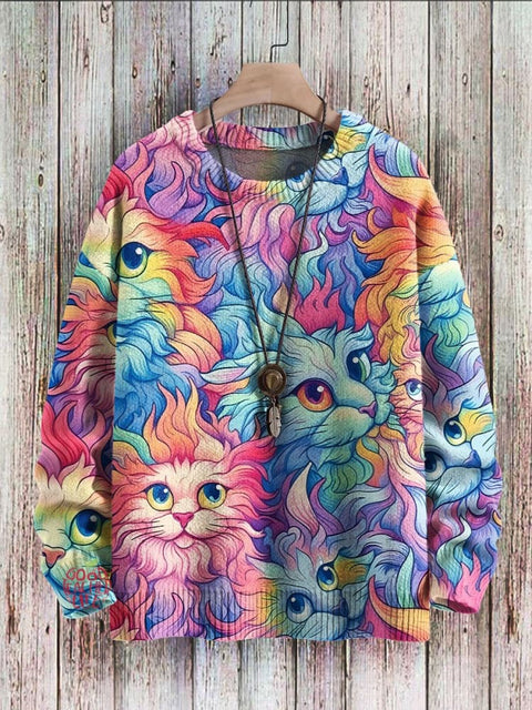 Multicolor Cats Rainbow Art Print Knit Pullover Sweater