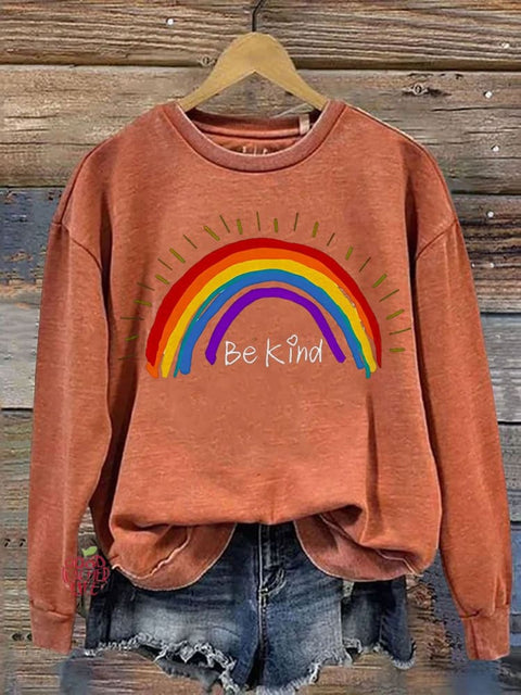 Be Kind Rainbow Stripe Casual Print Sweatshirt