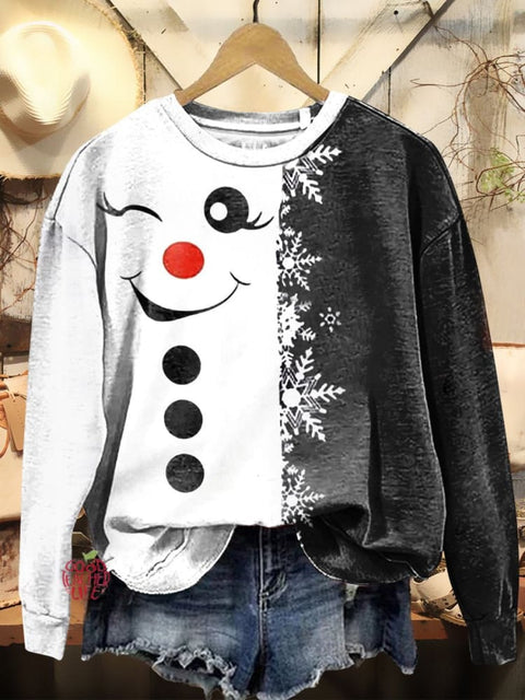 Women's Winter Contrasting Color Snowman Art Prints Casual Sweatshirt