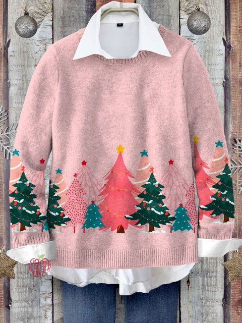 Pink Christmas Tree Art Print Knit Pullover Sweater