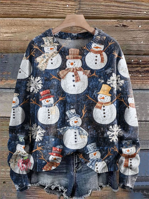 Blue Snowman Christmas Print Knit Pullover Sweater