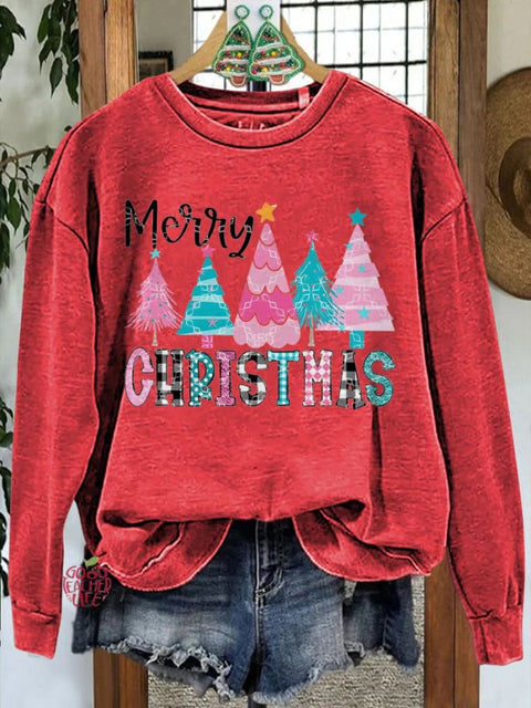 Colorful Christmas Tree Print Casual Sweatshirt