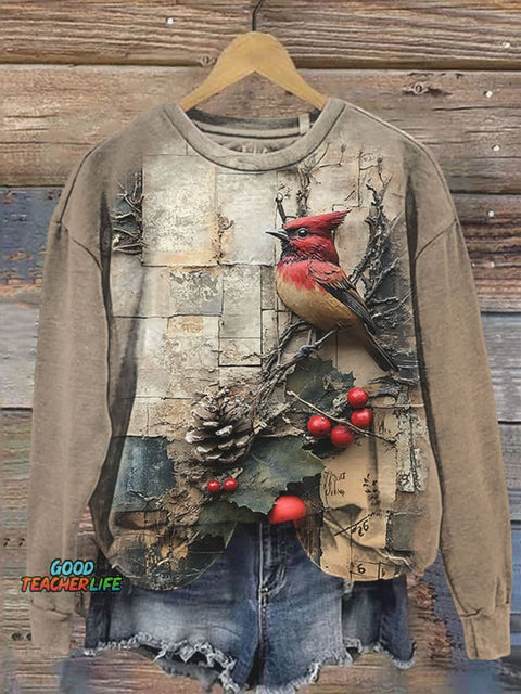 Christmas Red Bird Art Print Casual  Sweatshirt