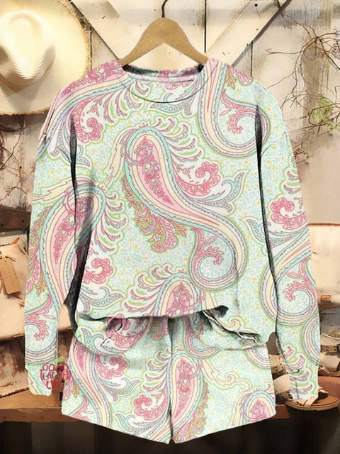 Women's Bohemian Paisley Print Casual Sweatshirt Shorts Set