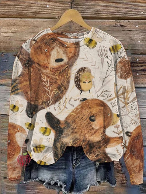 Brown Bears And Bumblebees Forest Party Illustration Pattern Printed Casual Sweatshirt