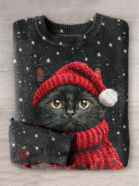 Black Cat Santa Christmas 3D Art Print Knit Pullover Sweater