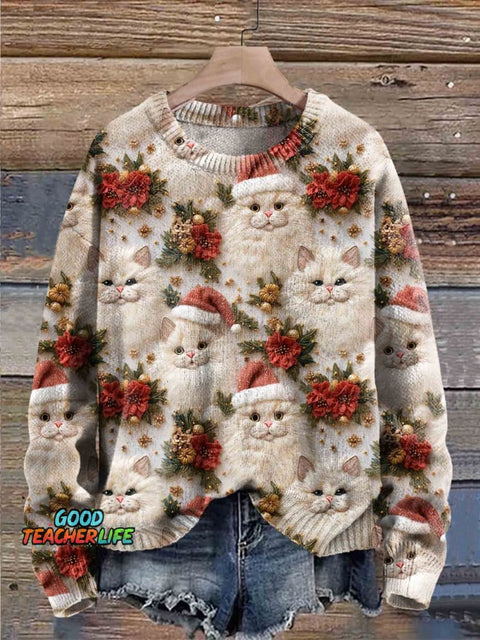 Cute Cat Christmas Art Print Knit Pullover Sweater