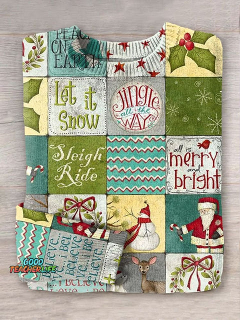 Christmas Wish Patchwork Art Print Knit Pullover Sweater