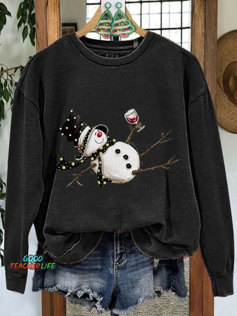 Drunk Snowman Drinking Wine Winter Holiday Christmas Casual Print Sweatshirt