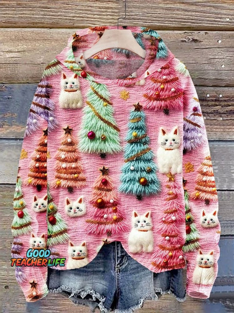 Christmas Tree Cute Cat 3D Print Casual Knitted Hoodie Sweater
