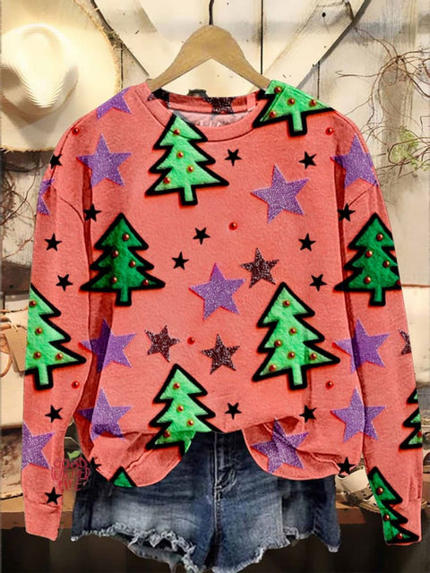 Neon Christmas Trees Print Casual Sweatshirt