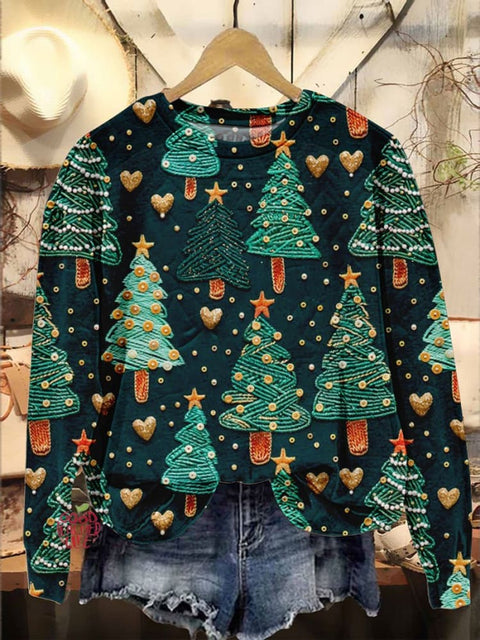 Christmas Trees Gold Hearts Print Casual Sweatshirt