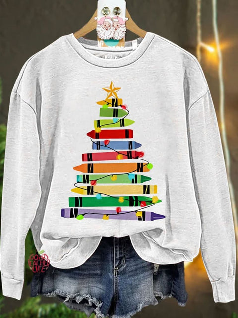 Crayons Tree Colored Lights Teacher Christmas Casual Sweatshirt