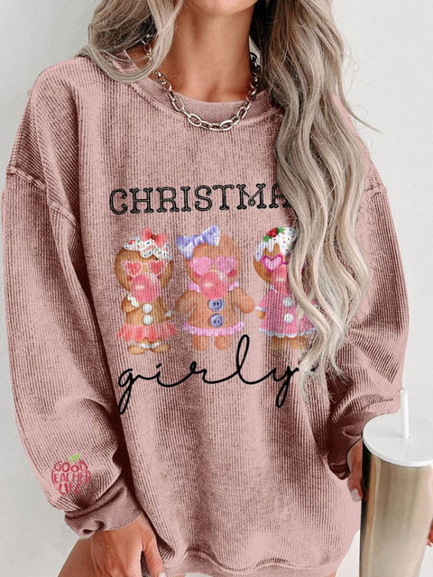 Women's Christmas Girly Gingerbread Man Casual Print Corduroy Sweatshirt