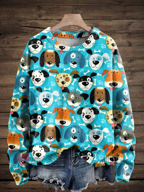 Cute Dog Art Print Knit Pullover Sweater