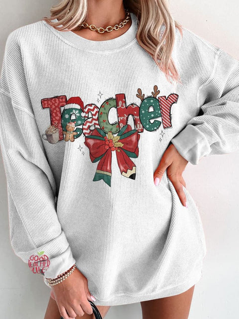 Women's Christmas Teacher Casual Print Corduroy Sweatshirt