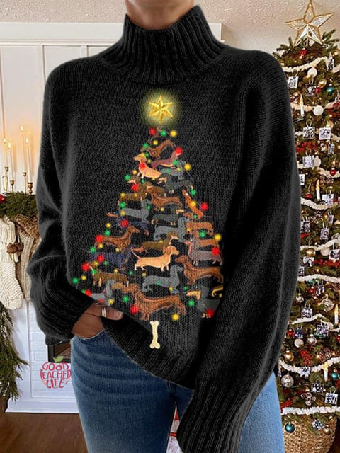 Dachshund Glitter  Christmas Tree Print Knit Turtleneck Pullover Sweater