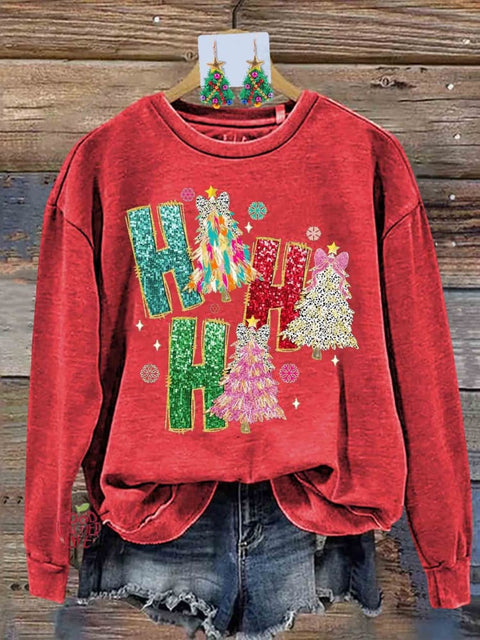 Retro Colorful Coquette Glitter Ho Ho Ho Christmas Tree Print Sweatshirt