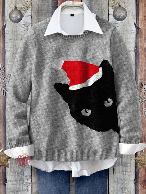 Christmas Black Cat Art Print Knit Pullover Sweater