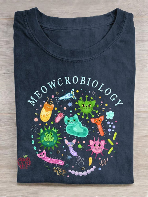 Meowcrobiology Cat Virus Teacher Casual Print T-shirt