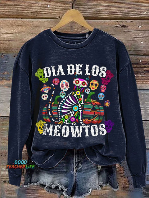 Dia De Los Meowtos Mexicano Casual Print Sweatshirt