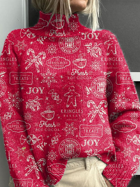 Christmas Gingerbread Man Print Knit Turtleneck Pullover Sweater