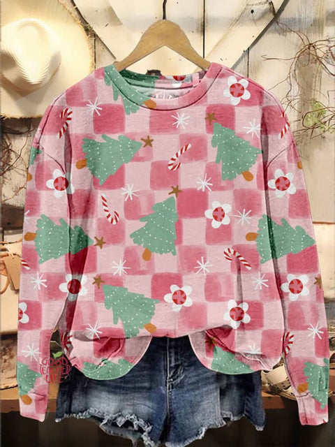 Pink Plaid Christmas Tree Christmas Casual Print Sweatshirt