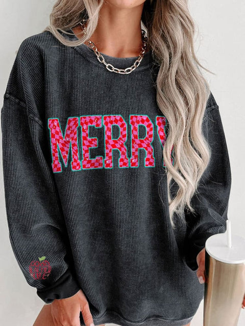 Women's Merry Christmas Checkered Letters Casual Print Corduroy Sweatshirt