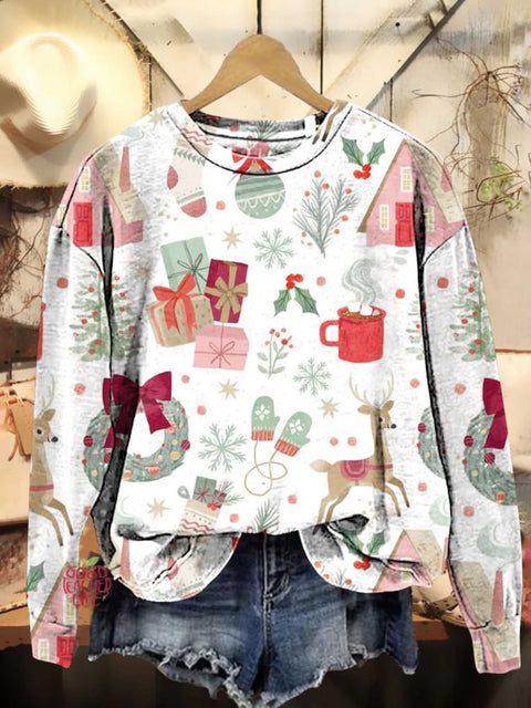 Christmas Wreath Gift Mittens Deer Casual Sweatshirt