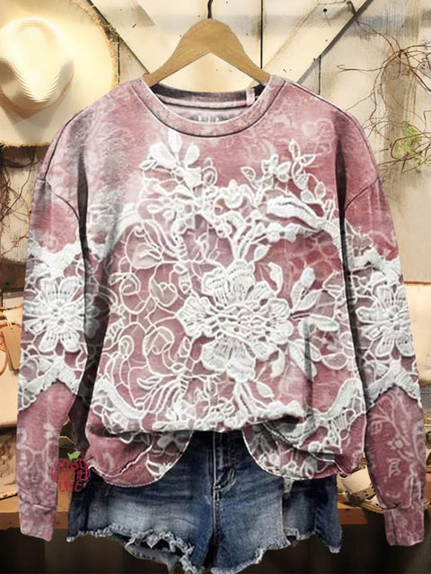 Women's Floral Texture Art Print Casual Crew Neck Sweatshirt