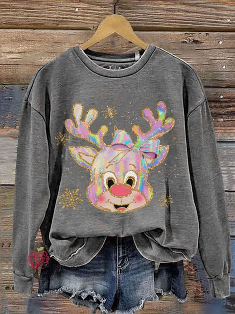 Iridescent Reindeer Christmas Casual Print Sweatshirt