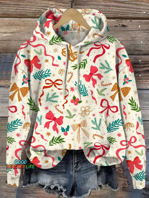 Christmas Ribbon Repeat Pattern Printed Casual Sweatshirt
