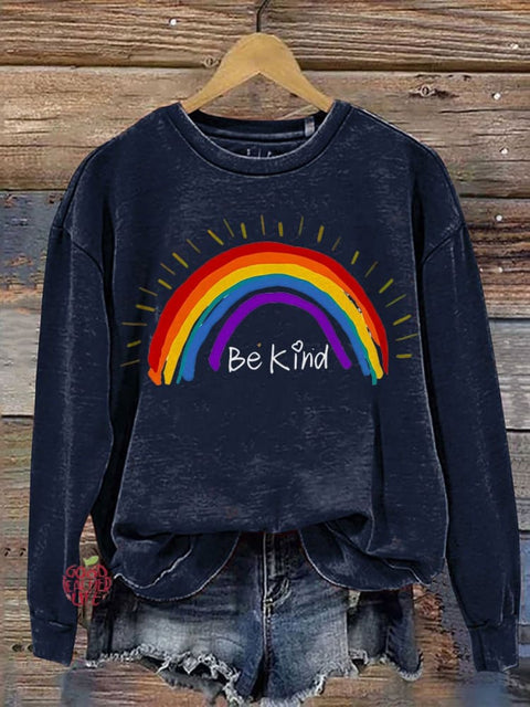 Be Kind Rainbow Stripe Casual Print Sweatshirt