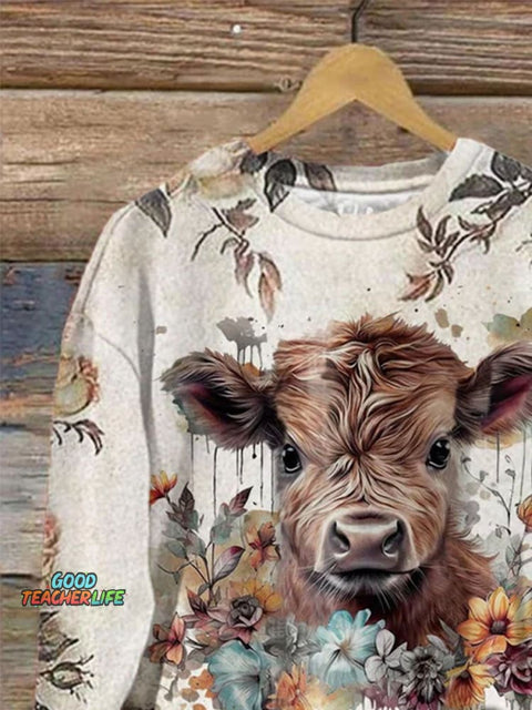Merry Christmas Cute Highland Cow Highland Cattle Retro Art Print Casual Sweatshirt