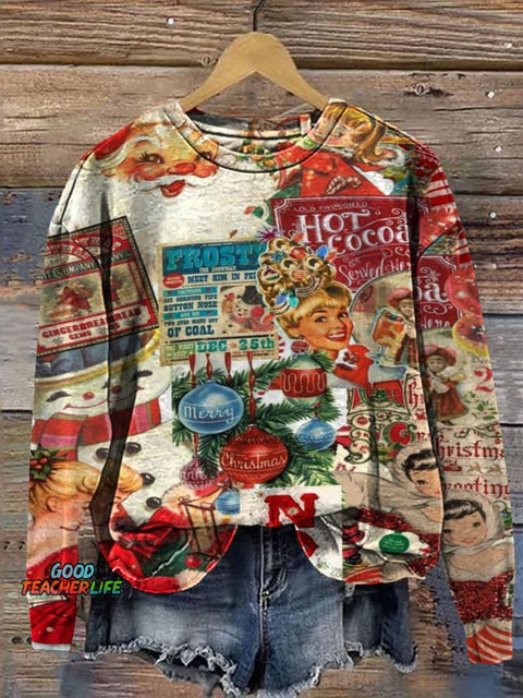 Retro Christmas Patchwork Art Prrint Casual  Sweatshirt