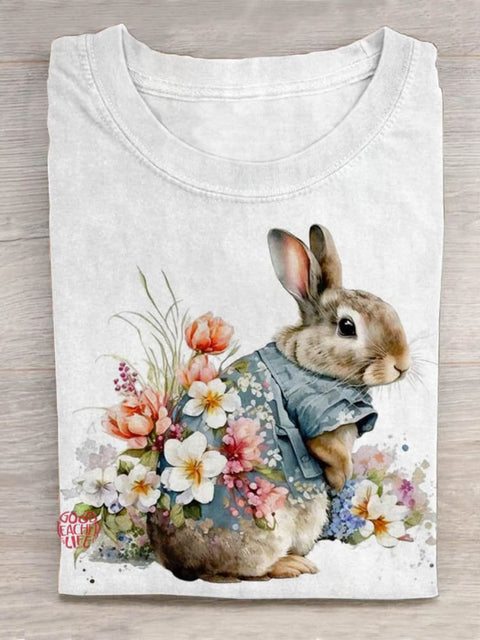 Easter Rabbit Flower Pattern Art Design Print T-shirt