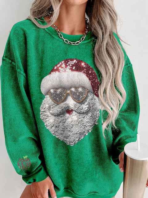 Women's Glitter Christmas Santa Claus with Heart Sunglasses and Christmas Lights Casual Print Shirt