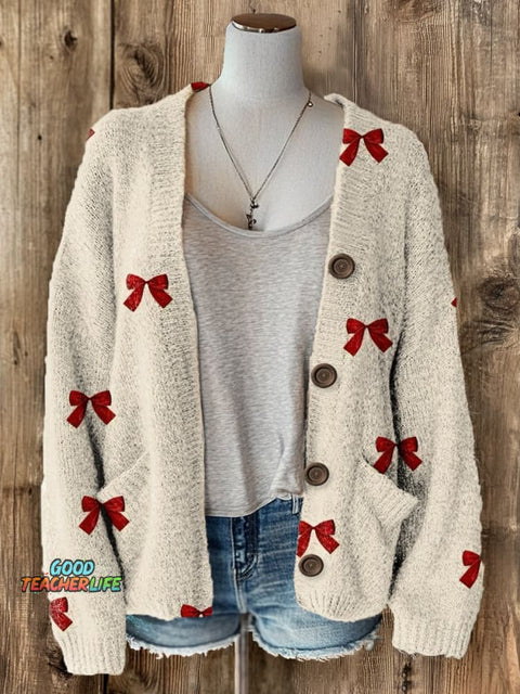 Cute Bow Art Print Buttoned Cardigan Sweater