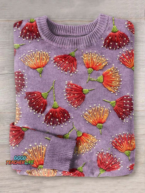 Floral Art Print Knit Pullover Sweater