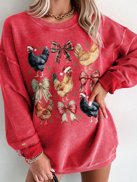 Women's Chicken Christmas Coquette Casual Print Corduroy Sweatshirt