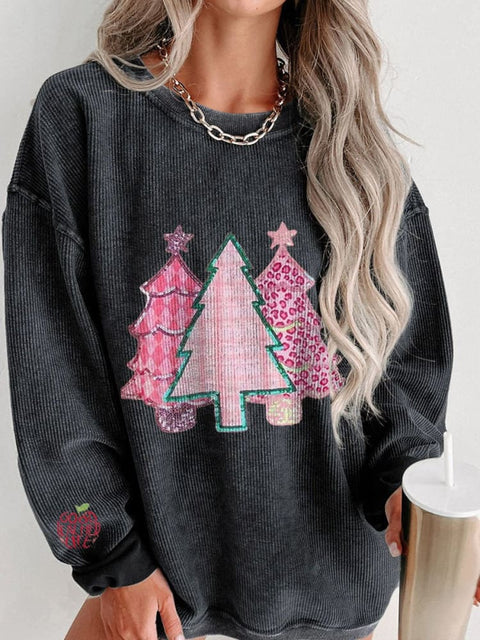 Cute Christmas Tree Women's  Casual Print Corduroy Sweatshirt