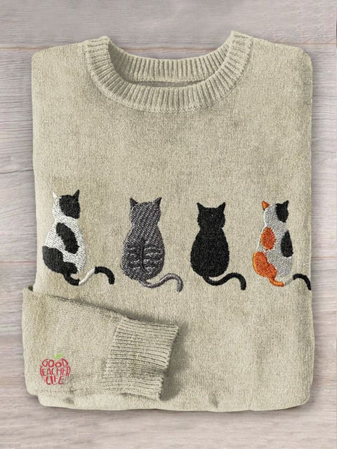 Cat Art Print Knit Pullover Sweater