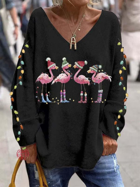 Women's Lovely Christmas Flamingo Art Print Casual Sweatshirt