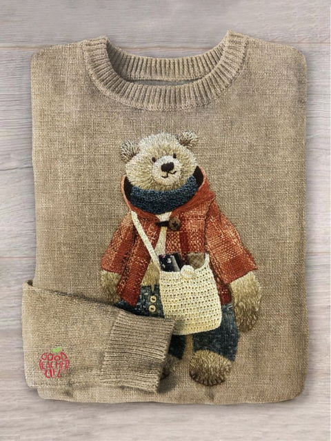 Cute Embroidery Bear Art Print Knit Pullover Sweater