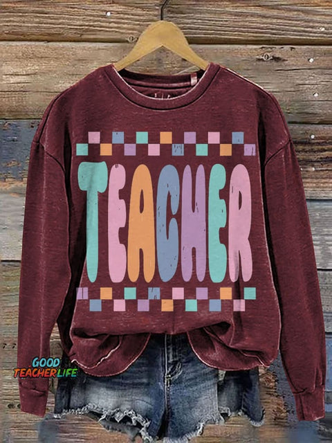 Retro Teacher Life Teacher Casual Print Sweatshirt