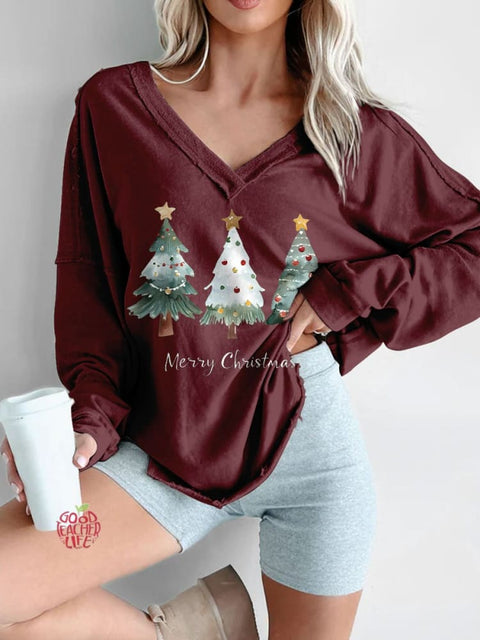 Women's Merry Christmas Tree Print Long Sleeve V-neck Comfortable Cotton Shirt