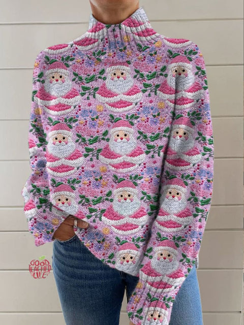 Women's Lovely Christmas Santa Art Print Knit Turtleneck Pullover Sweater