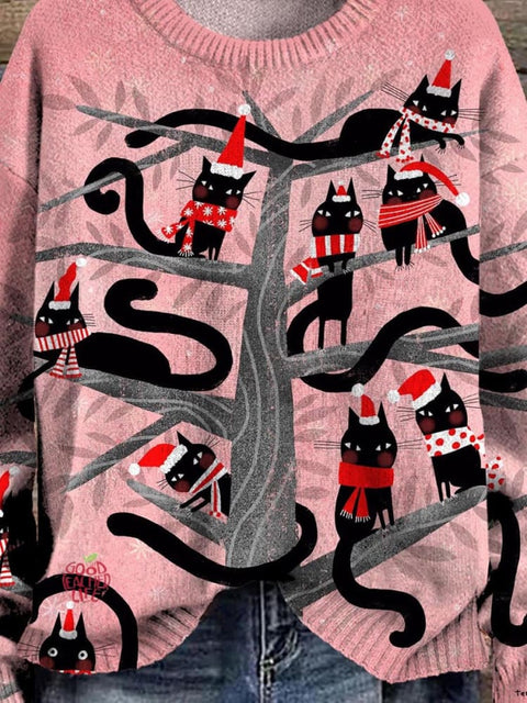 Christmas Cute Black Cats Art Pattern Print Casual Knit Pullover Sweater