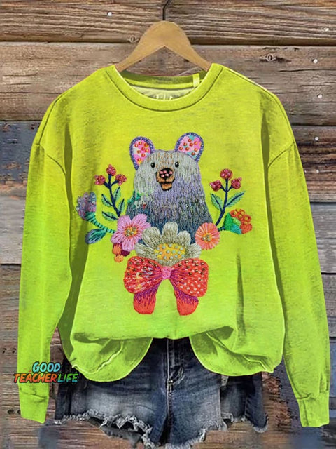 Embroidered Flowers And Bear Art Print Casual  Sweatshirt